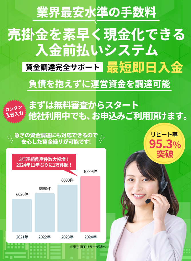 業界最安水準の手数料！売掛金を素早く現金化できる入金前払いシステム(ファクタリング)